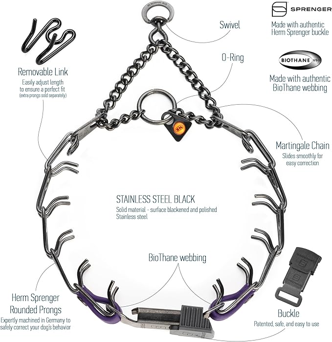 Herm Sprenger Black Stainless Steel Dog Collar with Quick Release ClicLock Buckle and Biothane Insert Training Collar Made in Germany (Violet Purple, 16in x 2.25mm(Neck Size up to 13-14in))