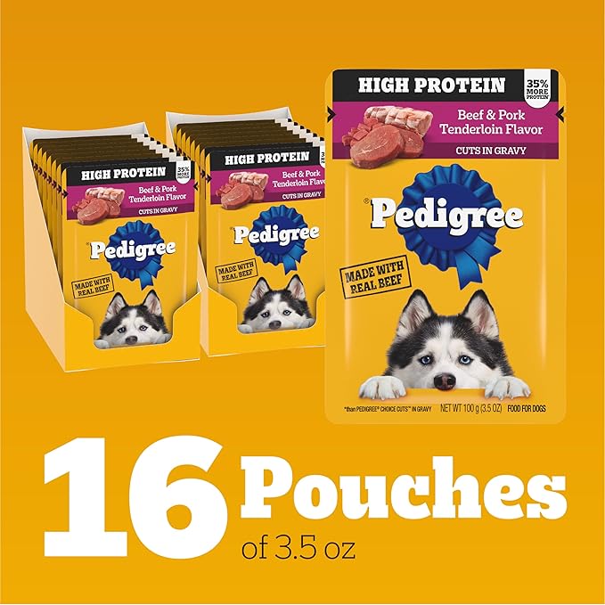 Pedigree High Protein Wet Dog Food Pouches, Beef and Pork Tenderloin Flavor Cuts in Gravy, 3.5 oz. Pouches, 16 Count