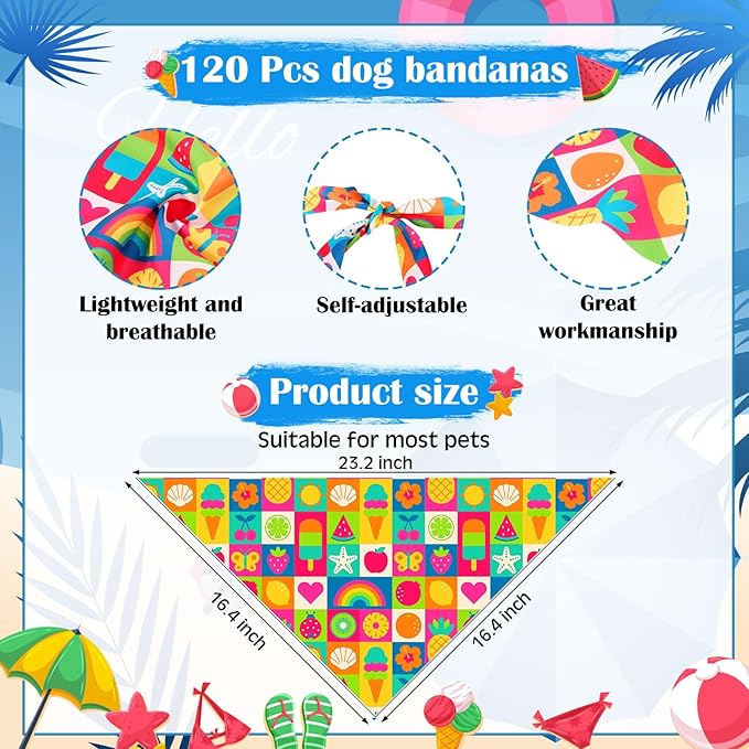 Sanwuta 120 Pcs Dog Bandanas Bulks for Summer Pet Scarves with Fruit Floral Pattern Adjustable Soft Cute Bandana Cooling Summer Style Triangle Scarfs for Medium Small Dogs Cats Large Puppy