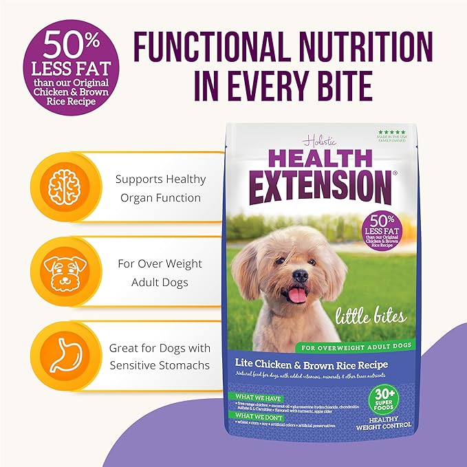 Health Extension Little Bites Lite Chicken & Brown Rice Dry Dog Food (15 lb / 6.8 kg) - Natural Formula with Probiotics & Superfoods for Overweight Adult Dogs