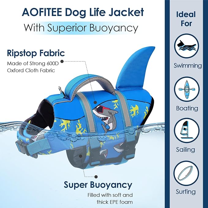 AOFITEE Dog Life Vest for Swimming, Shark Dog Life Jacket Large, High Flotation Dogs Swimming Vest with Rescue Handle and Reflective Stripe, Dogs Lifesaver Swimsuit for Boating Summer Pool Beach, XL