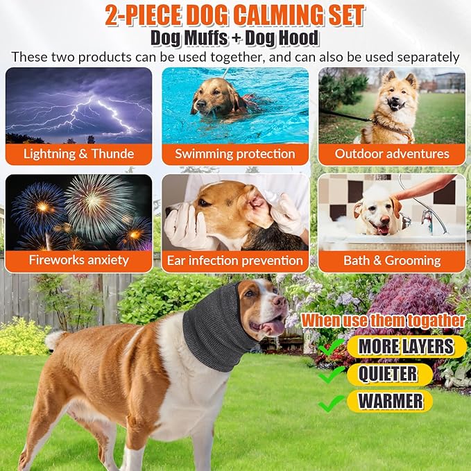 SlowTon Quiet Ears Dog Hoodie - 2 Pcs Ear Wrap Dog Ear Muffs Noise Protection, Anxiety Relief Dogs Hat Calming Hood Head Cover, Pet Headband Dogs Ear Protector for Grooming, Force Drying (Grey,L)