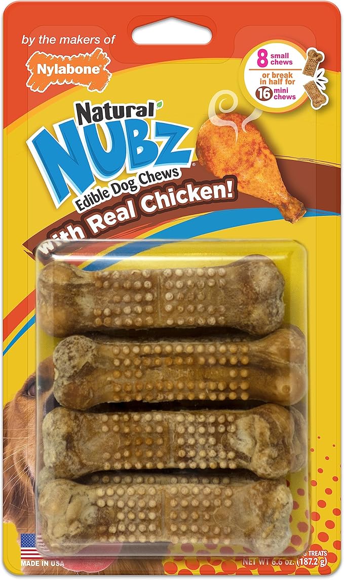 Nylabone Nubz Natural Edible Dog Chew Treats for Small Dogs, Long Lasting Dog Bones Made in USA, Chicken Flavor Dental Chews, for Dogs Up to 25 lbs. (8 Count)