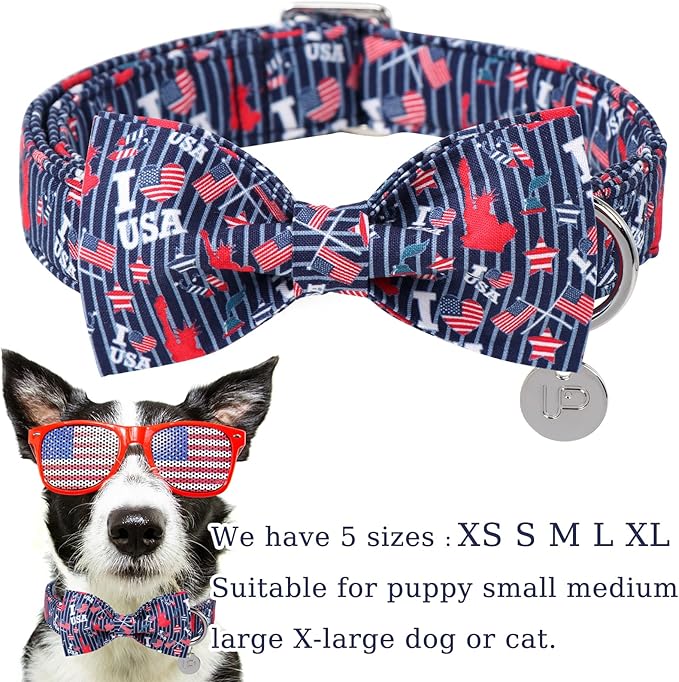 American Flag Dog Collar with Bow Tie, 4th of July Comfortable Cotton Cute Dog Collar with Metal Buckle, Patriotic Bowtie Collar for Puppy Girl Boy Dog or Cat, XS