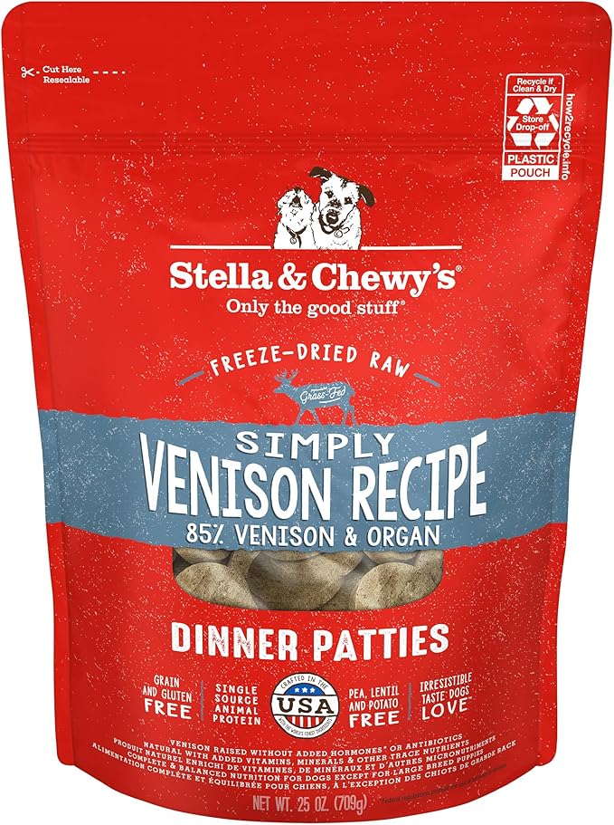 Stella & Chewy's Freeze-Dried Raw Dinner Patties - Simply Venison Recipe - High Protein Grain-Free Puppy & Dog Food - Perfect For Picky Eaters - 25 oz
