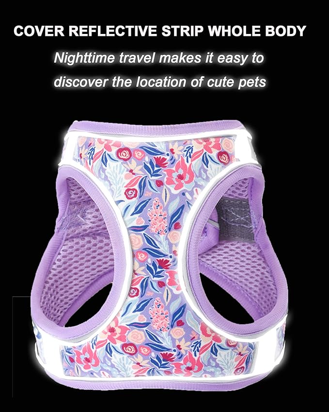 XS Light Purple Flower Pattern Dog Harness and Leash Set,No Escape Puppy Harnesses for Training Walking,Breathable Adjustable Puppy Vest for Small Medium Dogs, Cats (Light Purple, XS)