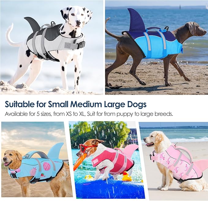 AOFITEE Dog Life Vest for Swimming, Shark Dog Life Jacket Large, High Flotation Dogs Swimming Vest with Rescue Handle and Reflective Stripe, Dogs Lifesaver Swimsuit for Boating Summer Pool Beach, XL