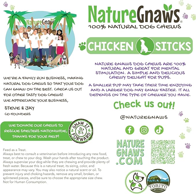 Nature Gnaws Chicken Chew Sticks for Dogs 1LB - Premium Natural Dog Treats - Limited Ingredient Long Lasting Rawhide Free Dental Chews