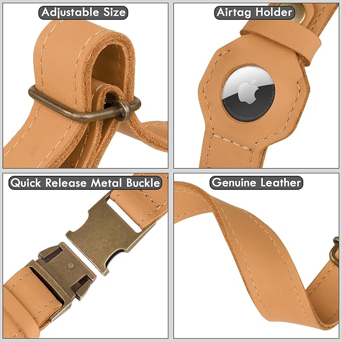 AirTag Dog Collar - Genuine Leather Dog Collar with Apple AirTag Holder and Metal Buckle - Smart GPS Tracking Pet Collars for Small Medium Large Dogs Puppy (Light Brown, L, 17"-21" Neck Fit)