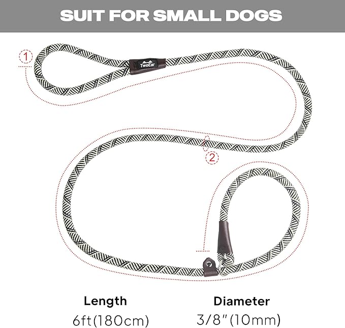 TwoEar Dog Slip Rope Leash - 6FT Heavy Duty Training Leash with Reflective Threads for Small to Large Dogs (Slim 3/8''x6ft, Grey)