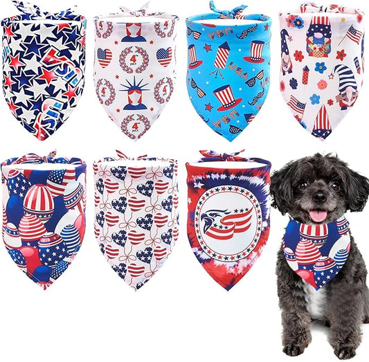4th of July Dog Bandanas for Small Dogs Cats Patriotic Dog Bandanas 7 Pcs Independence Day Flag Day Adjustable Puppy Scarves Grooming S