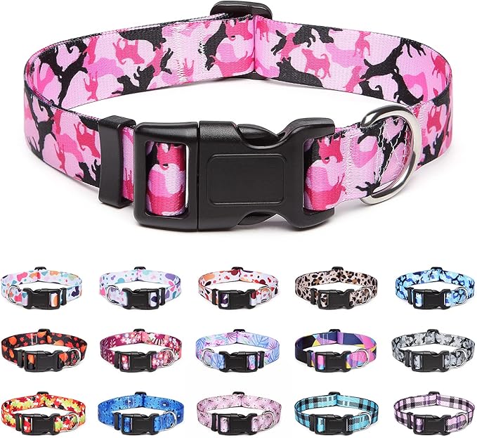 Adjustable Dog Collar with Patterns, Ultra Comfy Soft Nylon Breathable Pet Collar for Small Medium Large Dogs (L, Dog Camouflage Pink)