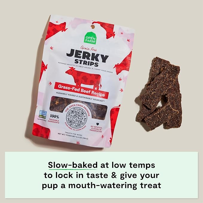 Open Farm, Dog Jerky Treats, Soft & Chewy Oven-Baked Jerky Strips Made with Ethically & Sustainably Sourced Ingredients, Protein Packed Dog Treats, Grain-Free Grass-Fed Beef Recipe, 5.6oz Pouch