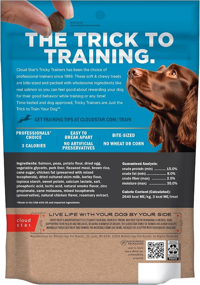 Cloud Star Tricky Trainers Soft & Chewy Dog Training Treats 14 oz. Pouch, Salmon Flavor, Low Calorie Behavior Aid with 360 Treats