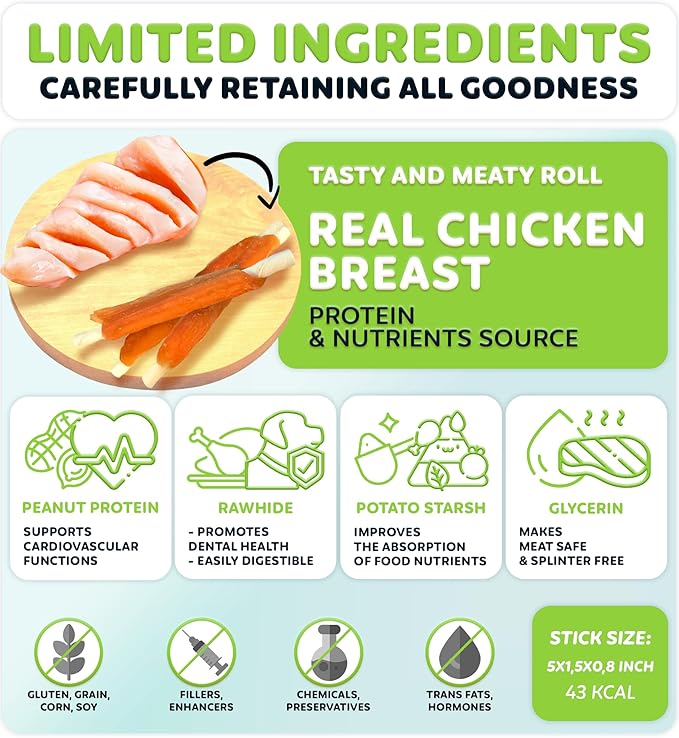 Chicken Wrapped Rawhide Sticks - Supports Dental Health Dog Treats, Grain Free, High Protein, Low-Calorie Canine Treats, 24 oz