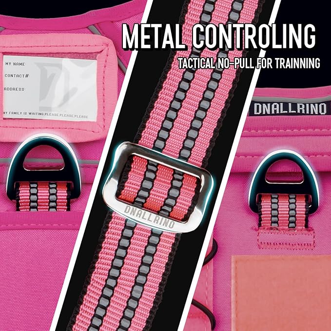 Tactical Dog Harness for Medium Large Dogs, Pink Dog Harness with ID Card, Reflective Hiking Harness for Training Easy Control Dog Vest with Handle Pink