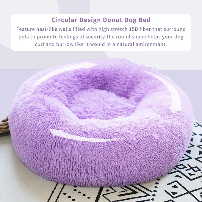 Purple Dog Bed for Small Dogs 19 Inch Donut Cuddler Plush Cat Calming Bed Machine Washable, Non-Slip Fluffy for Joint-Relief and Sleep Improvement