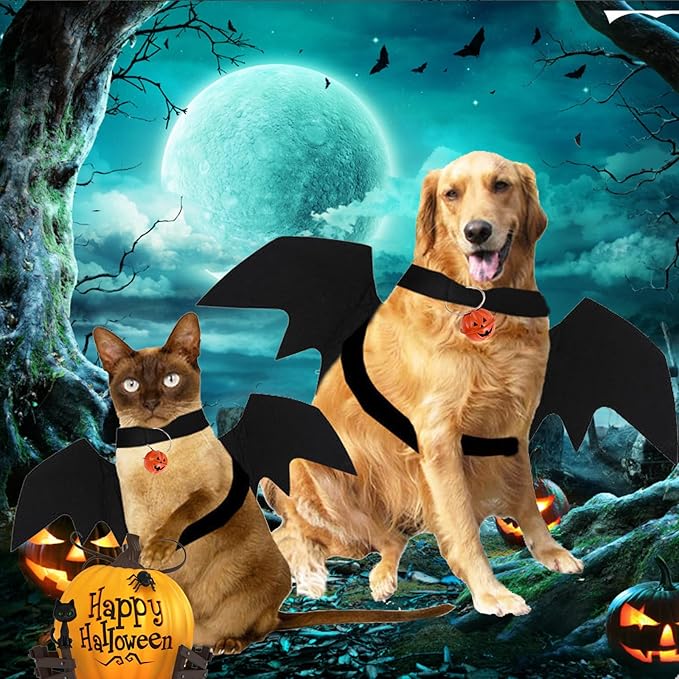 Dog Bat Wings Costume Halloween Pet Costume 3PCS Funny Cat Dog Wings with Leash Pumpkin Jingle Bell Cosplay Bat Clothes for Small Medium Large Dogs Puppy Holiday Outfit Dress
