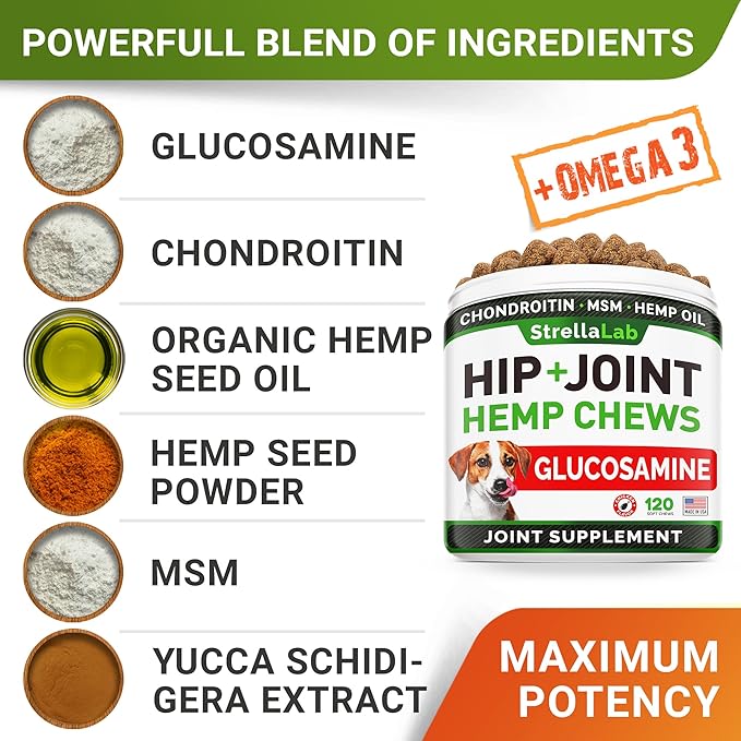 STRELLALAB Health & Wellness Supplements for Dogs, Various Formulas & Benefits - Hemp Hip & Joint Supplement for Dogs - Hemp Chews for Dogs