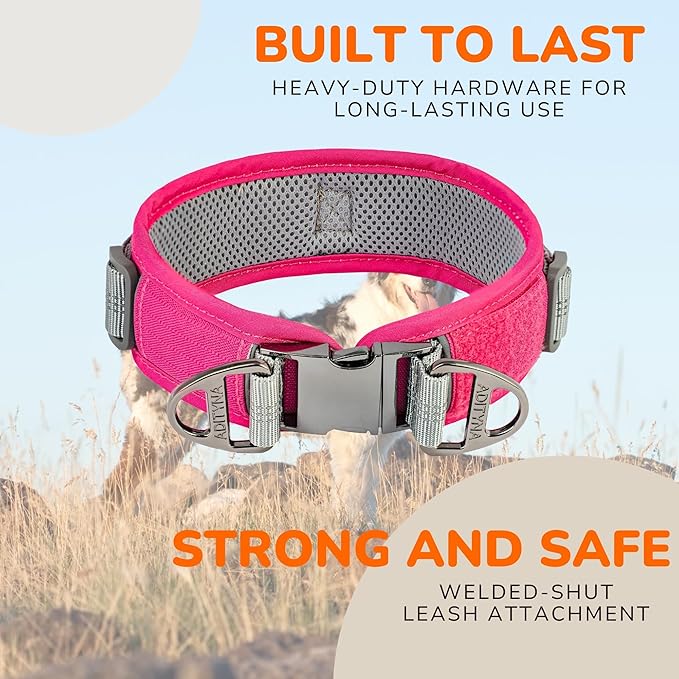 Durable 2-inch Adjustable Dog Collar for Large Dogs – Reflective, Heavy-Duty Metal Buckle, Comfortable Mesh Lining, Includes US Flag Patch and Versatile AirTag Holder (Pink, Large: Fit 18" - 23" Neck)