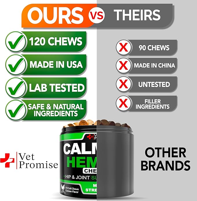 Vet Promise Hemp Calming Chews for Dogs Anxiety - Advanced Dog Calming Chews - 170 Treats - Dog Anxiety Relief with Hemp Oil - Hip and Joint Supplement Health Support for Dogs - Made in USA