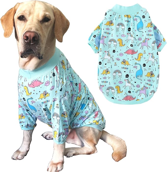 Dog T-Shirts - Dinosaur Unicorn Pattern, Rainbow, Unisex Dog Clothes - Breathable Stretchy Cotton - Large, Medium, Small