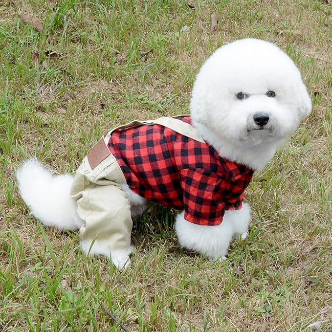 SMALLLEE_LUCKY_STORE Pet Clothes for Small Dog Cat Red Plaid Shirts Sweater with Khaki Overalls Pants Jumpsuit Outfits S
