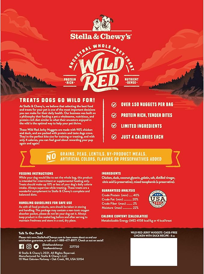 Stella & Chewy's Wild Red Jerky Nuggets - 90% Protein-Rich Chicken & Duck Dog Treats - Grain-Free Training Rewards for All Breeds - Made in USA - 6 oz Bag