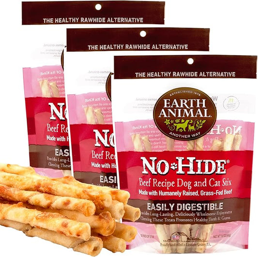 Earth Animal No Hide Stix Beef Flavored Natural Rawhide Free Dog Chews Long Lasting Chew Sticks | Treats for Small Dogs and Cats | Great for Aggressive Chewers (3 Pack)