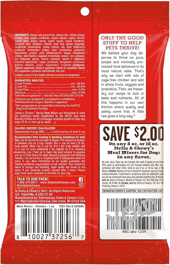 Stella & Chewy's Freeze-Dried Raw Chicken Meal Mixers- Dog Food Topper and Mixer - Made with 95% Cage-Free Chicken, Organs & Bone - Perfect for Picky Eaters - Grain-Free - 1oz