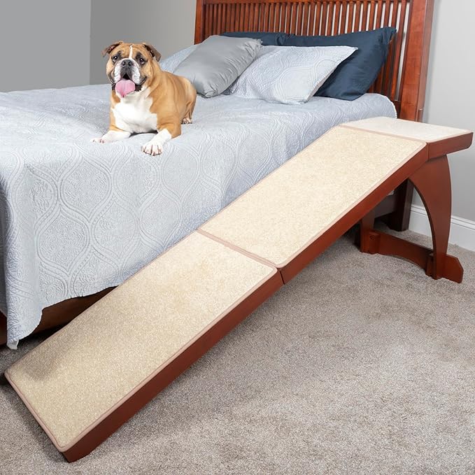 PetSafe CozyUp Wooden Bed Ramp for Cats & Dogs, Furniture-Grade with High-Traction Carpet Surface, Cherry