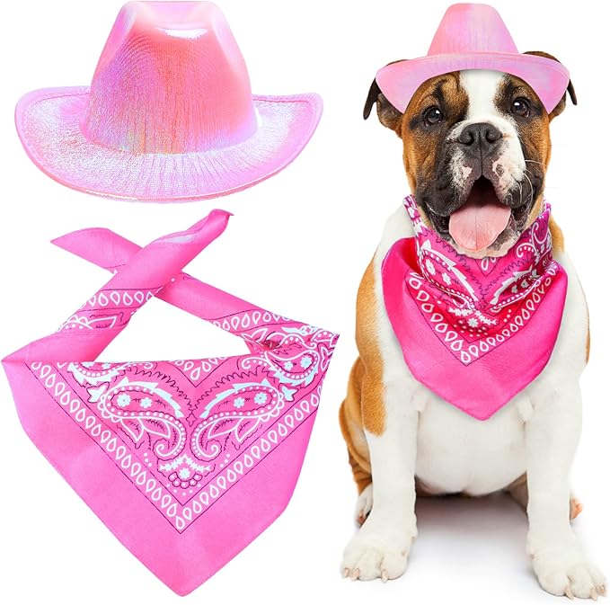 Yewong Pet Neon Sparkly Glitter Space Cowboy Hat Costume Set Dog Cat Metallic Space Shiny Cowboy Hats with Paisley Bandana West Cowboy Accessories for Pets (Metallic Pink) One Size