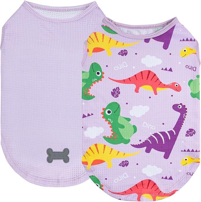 KYEESE 2 Pack Dog Shirts for Medium Dogs Quick Dry Breathable with Reflective Label Tank Top Sleeveless Vest Dog Apparel Dinosaur Pattern Sun-Blocking for Summer, XX-Large, Dinosaur+Purple