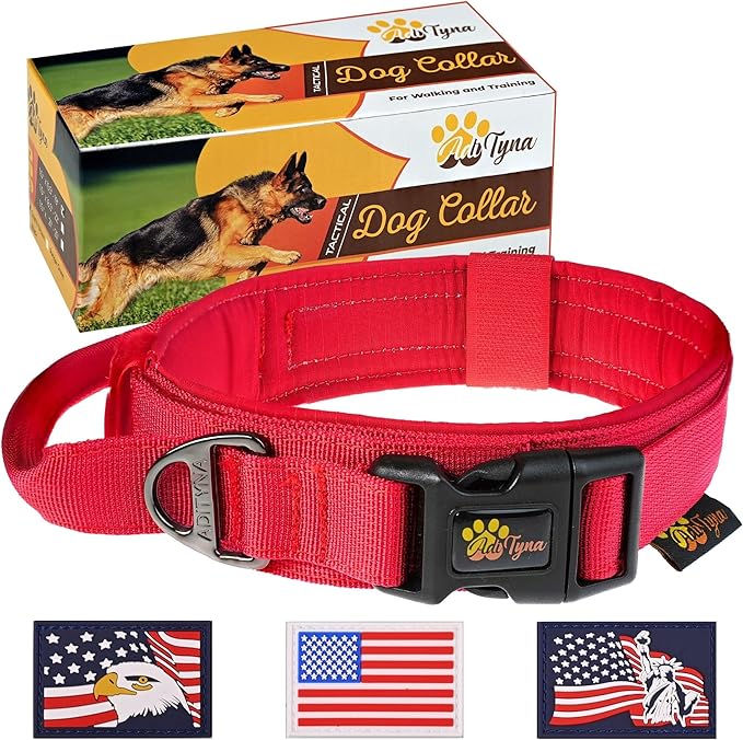 ADITYNA Tactical Dog Collar for Extra-Large Dogs - Soft Padded, Heavy Duty, Adjustable, Military Big Red Collar with Handle for Training and Walking