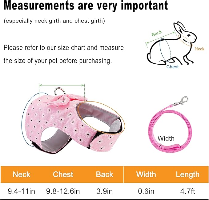 Adjustable Rabbit Harness Leash, Bunny Harness Leash Cute Vest Harness for Rabbit Ferret Bunny Kitten Guinea Pig Walking