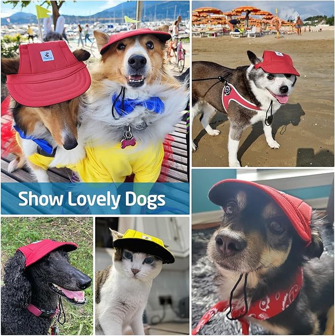 Pawaboo Dog Baseball Cap, Outdoor Pet Sport Sun Protection Baseball Cap Hat, Adjustable Travel Sport Hat Visor Sunbonnet Outfit with Ear Holes for Small Dogs Puppy, L, Red