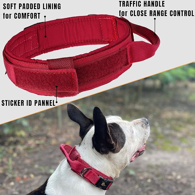 ADITYNA - Tactical Dog Collar for Large Dogs - Soft Padded, Heavy Duty, Adjustable Burgundy Dog Collar with Handle for Training and Walking