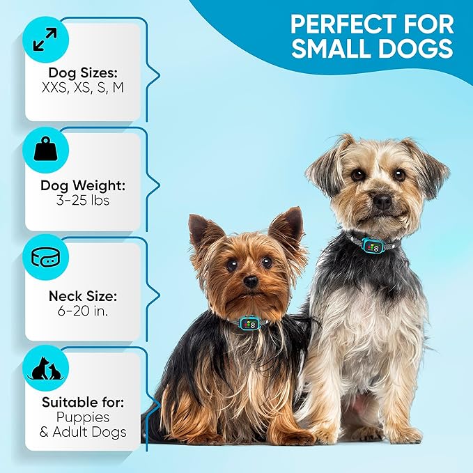 Tiny Bark Collar for Small Dogs 5-15 lbs and Puppies - No Shock Anti Barking Collar - Rechargeable Smart Collar for Dog Training with 7 Sensitivity Levels and 3 Beep&Vibration Modes (Blue)