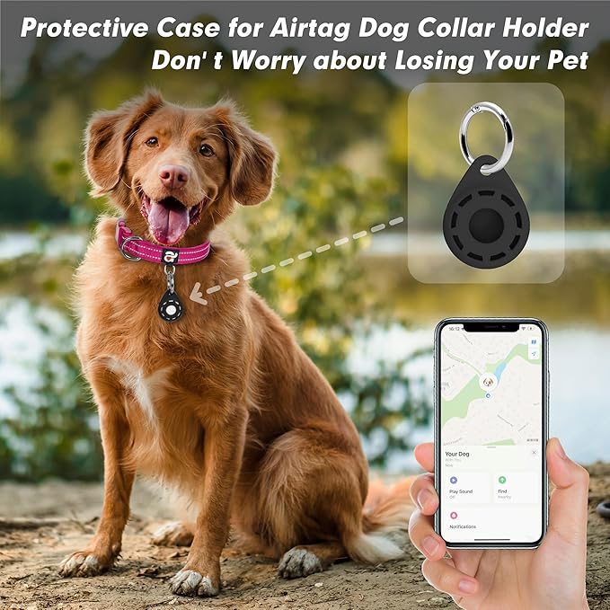azuza Reflective Dog Collar with Airtag Holder, Soft Neoprene Padded Pet Collar with ID Tag Ring, Adjustable for Large Dogs,Hot Pink,L