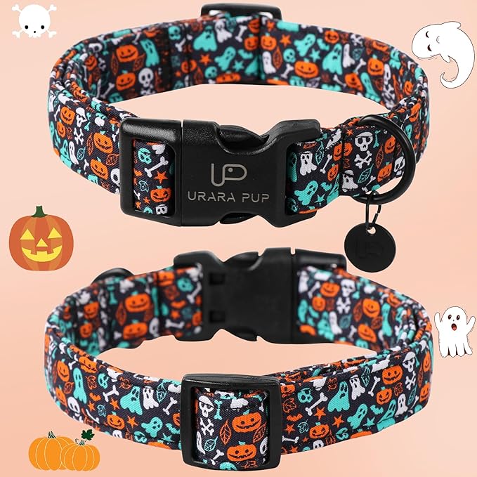 Halloween Dog Collar, UP URARA PUP Cotton Skull Ghost Dog Collar for Small Dog, Fall Pet Collar with Halloween Elements Pattern, Adjustable Puppy Collar,L