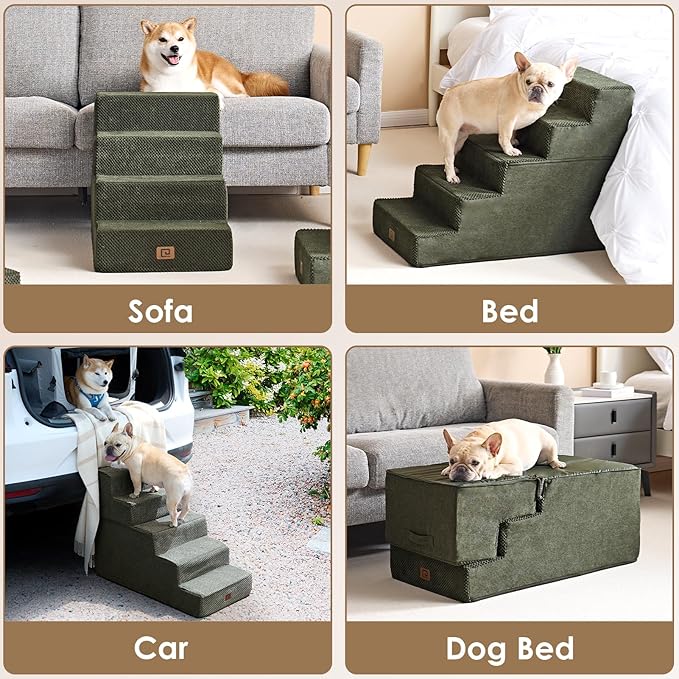 EHEYCIGA Dog Stairs for High Bed 22.5”H, 5-Step Dog Steps for Bed, Pet Steps for Small Dogs and Cats, Non-Slip Balanced Pet Ramp Indoor, Olive Green