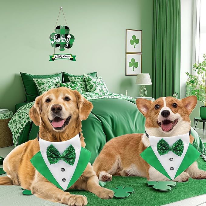 St.Patrick's Day Dog Tuxedo Bandanas Costume Pet Green Irish Outfits Adjustable Saint Patrick's Day Dog Scarf Bow Tie Collar for Large Dogs Cats Cosplay Party Dress Doggie Bibs (Grenn, Medium)