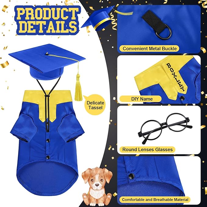 5 Pcs Dog Graduation Costume Set Include 2025 Pet Graduation Gown with Stole Puppy Grad Cap Lensless Glasses DIY Letter Stickers for Dogs Cats Holiday Costume Accessory(Blue Yellow,M)
