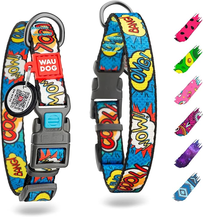 WAUDOG Nylon Dog Collar - Adjustable Dog Collar for Large Dogs, Small & Medium Dogs - Breakaway Puppy Collars for Large Breed Dogs - Boy & Girl Dog Collars with Durable Plastic Buckle and QR Dog Tag