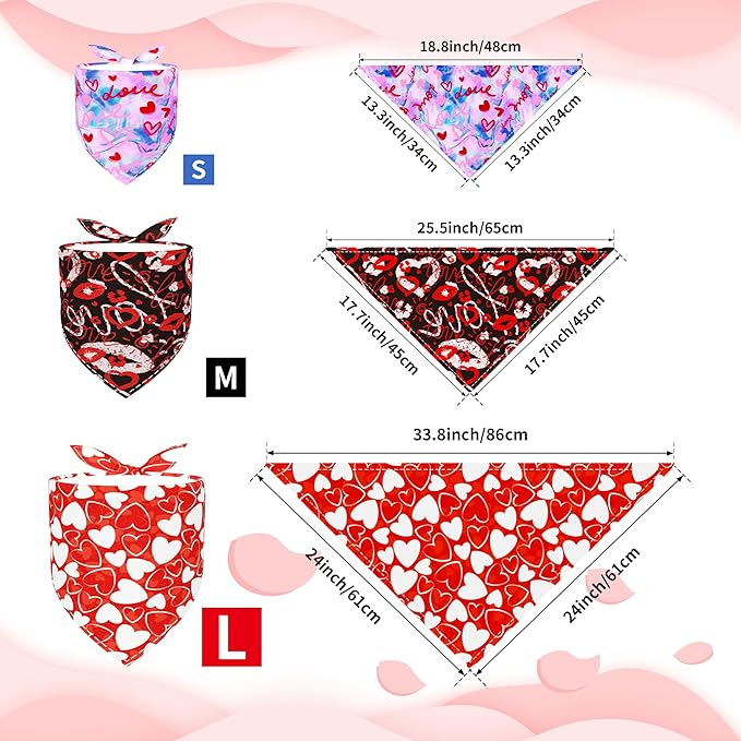 Valentine's Day Dog Bandanas for Small Medium Dogs Breed 25 Inch Heart Lip Rose Dog Bandanas Adjustable Dogs Scarves Grooming M 7 Pcs