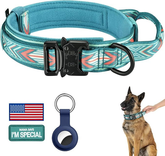 DAGANXI Tactical Dog Collar, Adjustable Military Training Nylon Dog Collar with Control Handle and Heavy Metal Buckle for Medium and Large Dogs, with Patches and Airtags Case (XL, Green Arrow)