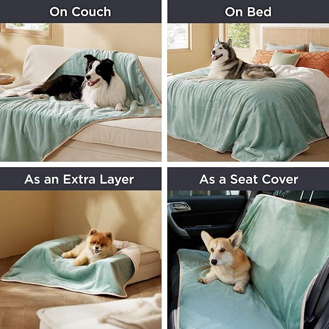 Bedsure Waterproof Blanket for Bed - Sherpa Fleece Waterproof Dog Blankets for Large Dogs, Pet Blankets for Bed/Couch/Dog Crate, Soft Plush Reversible Furniture Protector, King, 108"x86", Light Green