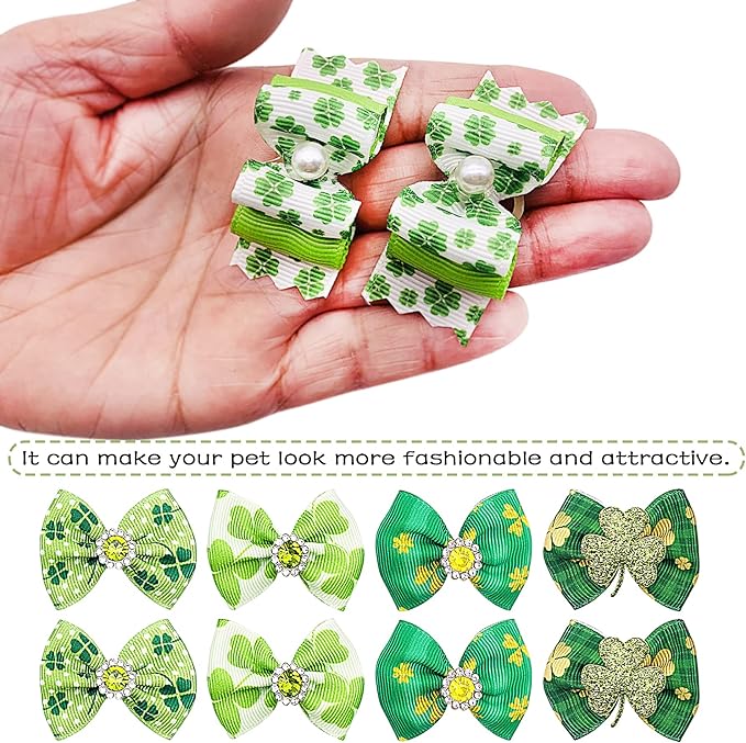PET SHOW 20pcs St. Patrick's Day Small Dog Hair Bows with Rubber Bands for Medium Dogs Green Clover Puppies Cats Kittens Rabbits Topknot Grooming Costumes Hair Accessories