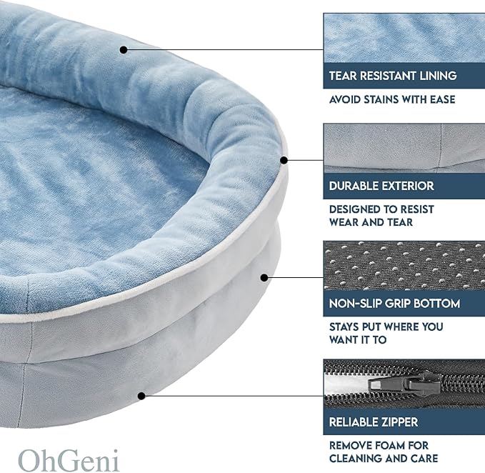 OhGeni Orthopedic Dog Couch Large Sized Pet Beds for Fathers Gifts with Comfort Foam Support, Soft Indestructible Fabric, Machine Washable Waterproof Removable Cover, 35-Inch (Washed Blue)