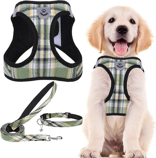 PUPTECK Adjustable Dog Harness Collar and Leash Set Step in No Pull Pet Harness for Small Medium Dogs Puppy and Cats Outdoor Walking Running, Soft Mesh Padded Reflective Vest Harnesses, Grn&YLW, XL